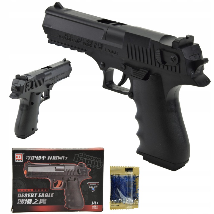 Játék gélpisztoly mini, 500 golyó, tár, rugós működtetés, 7-8 mm gél golyó lőszer, kb. 100 FPS sebesség, kb. 15 m hatótávolság, fekete, 500 golyó