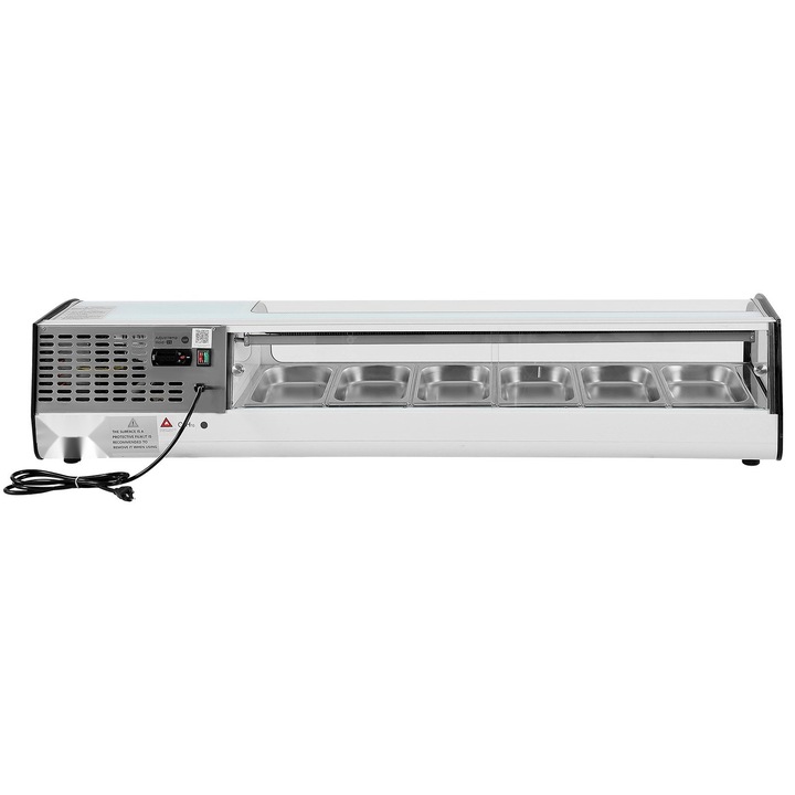 Vitrina frigorifică comercială, 62l, 6 tavi inox, sticlă curbata, iluminare LED, dimensiuni 1510x425x290mm