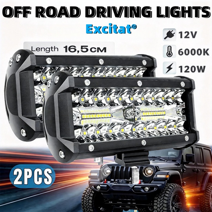 Set 2 Proiectoare LED auto Offroad, Excitat®, 40 de lumini LED, 120W, Rezistenta Apa IP67, carcasa din aluminiu, pentru SUV, ATV, Camion si Utilaje, Negru