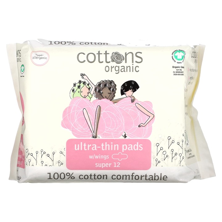 Cottons, tampoane din bumbac 100% natural, ultra-subtiri, cu aripi, set de 12 bucati