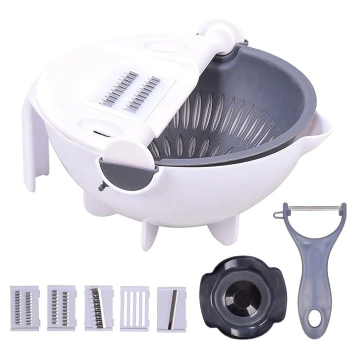 Tocator de legume 9 in 1, multifunctional, bol cu sita, lame din otel inoxidabil