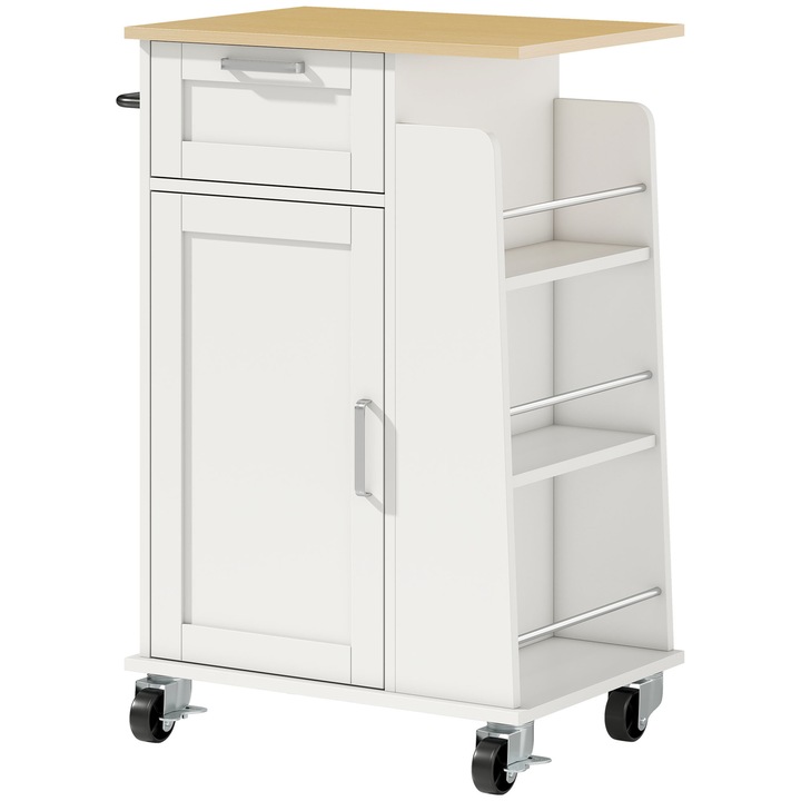 Carucior de bucatarie Homcom, alb, 62x40x87 cm, cu sertar si dulap, suport pentru prosoape, 3 rafturi pentru condimente