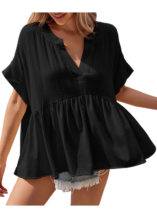 Tricou babydoll Imily Bela, guler V, maneci scurte（10238）, Negru