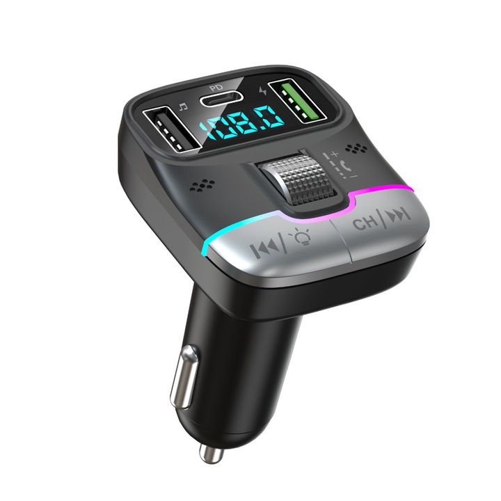 Autós bluetooth FM transzmitter, BT V5.3, kihangosító, beépített mikrofon, 3 port, PD 25W QC töltés, LED kijelző, RGB LED, fekete