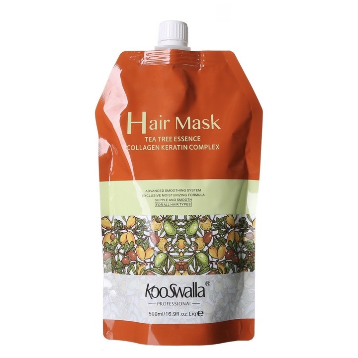 Masca de par profesionala KooSwalla Tea Tree Oil cu ulei de arbore de ceai, complex de colagen si keratina pentru par hidratat si neted, 500 ml