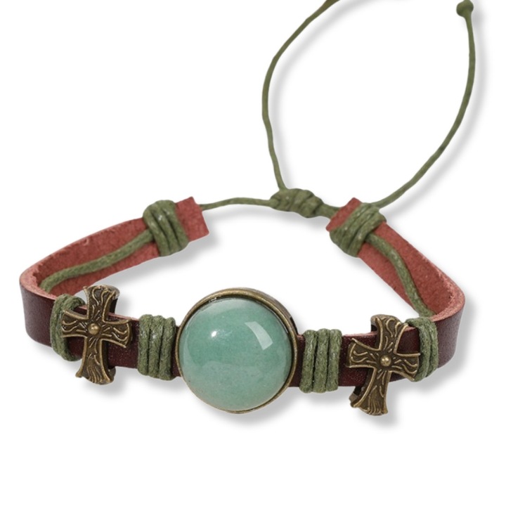 Bőr karkötő természetes zöld aventurin kristállyal, állítható, uniszex, 18mm