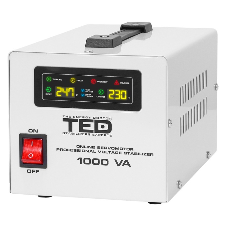 Stabilizator Retea Automat 1000VA 600W cu Ecran LCD si ServoMotor cu 2 Iesiri Schuko, TED Electric