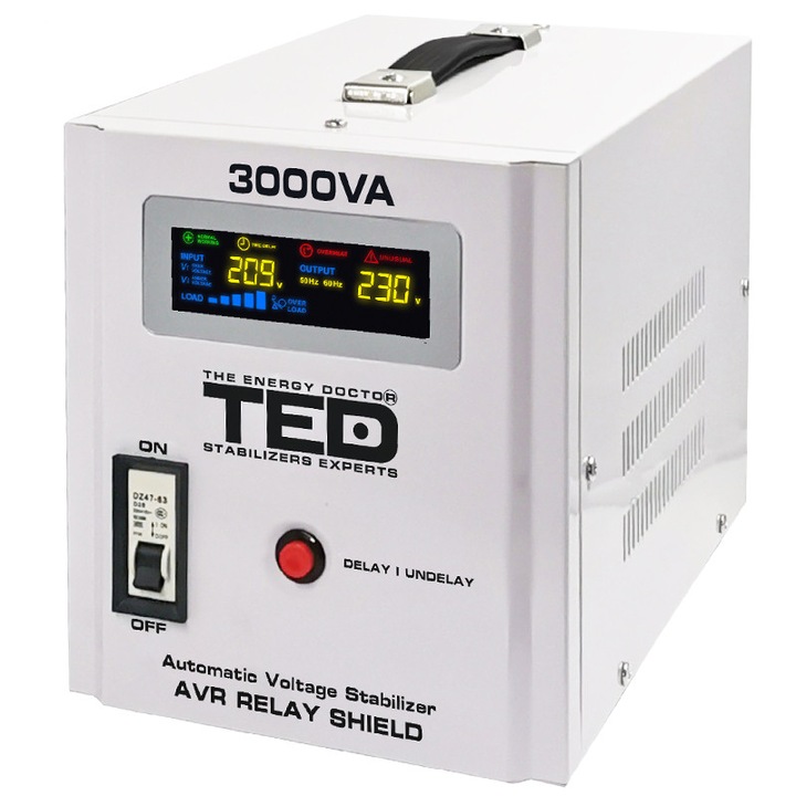 TED Electronic automatikus feszültségstabilizátor AVR 3000VA, bemenet 140260V, kimenet 230V ±8%, toroid transzformátor