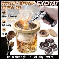Set afumator cocktail/whisky, afumatoare, Excitat®, set afumator whisky cu 6 arome, cu lingura si perie de curatare, plasa dubla de sarma, lemn, multicolor