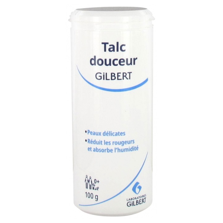 Детска пудра Gilbert, 100g, деликатна грижа, намалява раздразненията, бяла, за всички типове кожа
