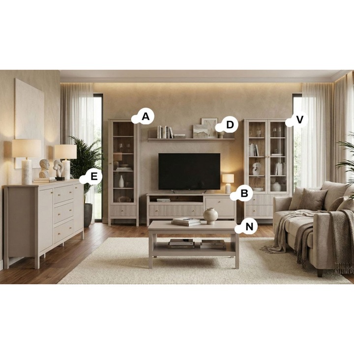 Set mobilier living Kleo, gri argila, 1 masuta cafea, 1 comoda TV, 1 polita suspendata, 2 vitrine