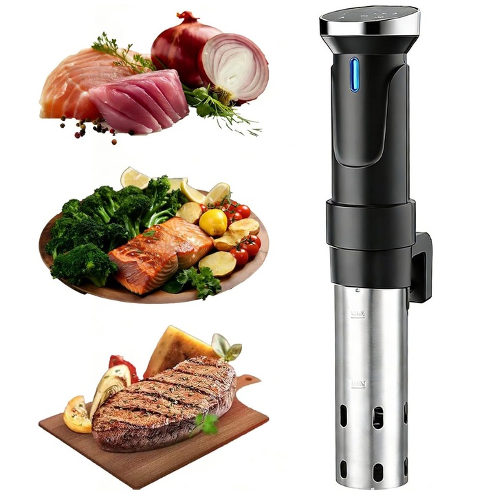 Stick pentru gatit Sous - Vide, Ultrixe Aparat pentru gatit Sous Vide, 1100W, Capacitate incalzire 6L-25L, Temperatura ajustabila 25 - 92.5 °C, Butoane Tactile, Afisaj LED, Functie Timer, Aplicatia Tuya, Wifi, Inox, Negru