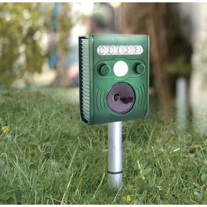 Aparat solar cu ultrasunete repelent animale si pasari, senzor de miscare, panou solar, raza 8–9 m, 36 cm