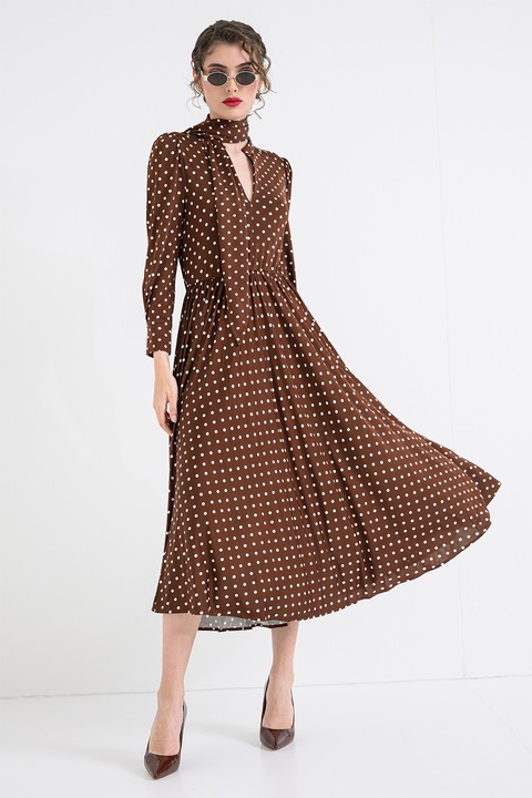 Marella, Rochie midi cu buline, Alb/Maro pamantiu