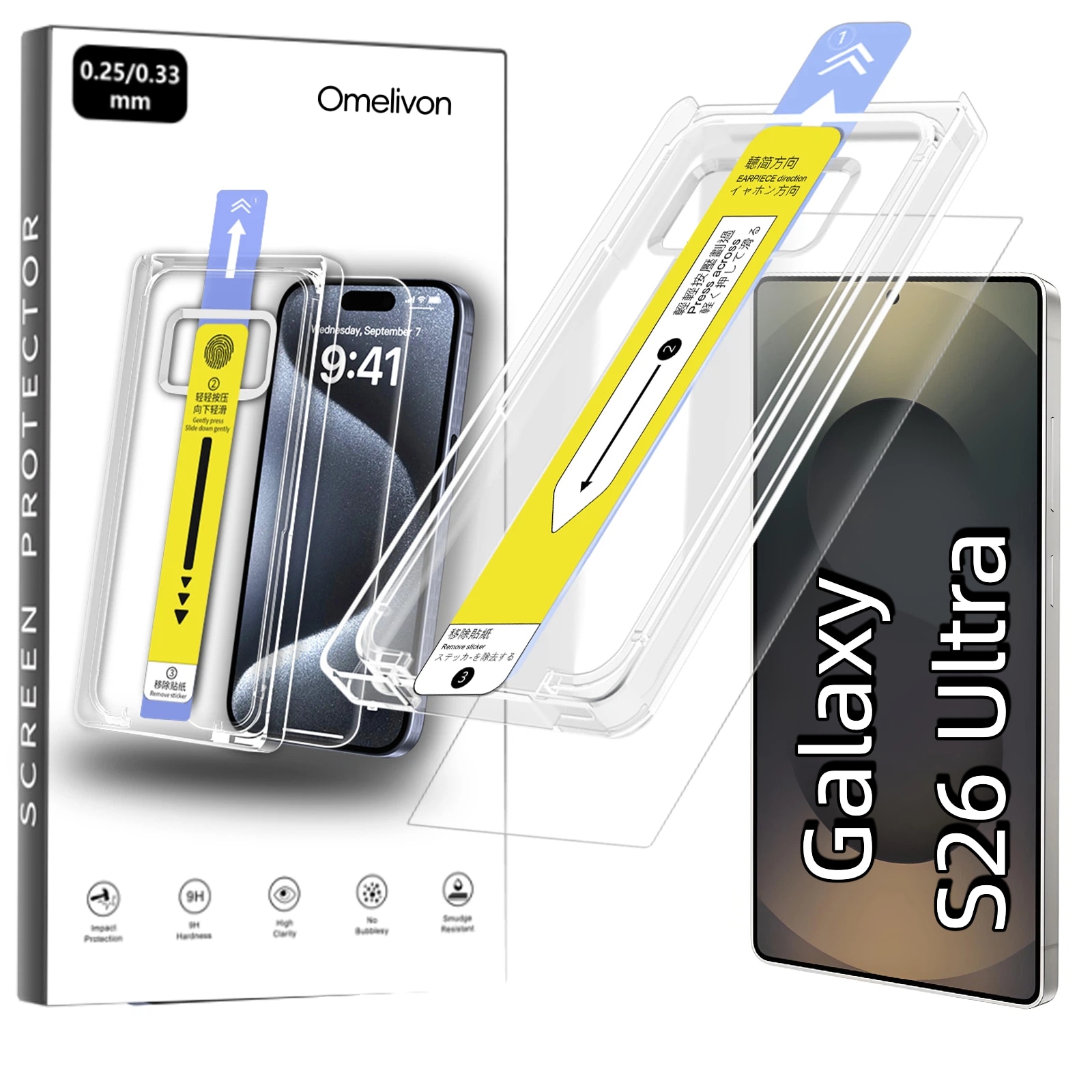 Folie de Protectie pentru Samsung Galaxy S26 Ultra, Omelivon, Sticla Securizata, cu Kit de Aplicare Instanta si Functie Automata de Indepartare a Prafului, Duritate 9H+, Ultra HD, Anti Amprente