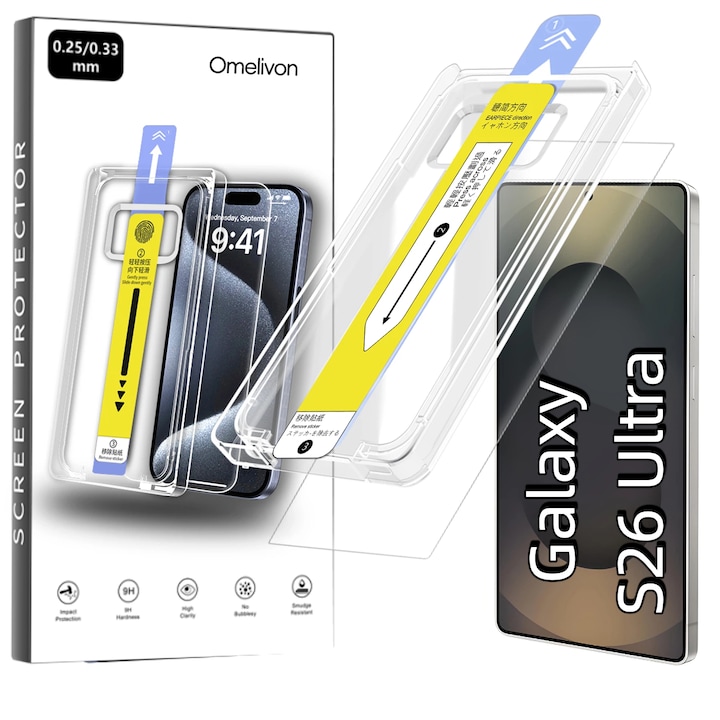 Folie de Protectie pentru Samsung Galaxy S26 Ultra, Omelivon, Sticla Securizata, cu Kit de Aplicare Instanta si Functie Automata de Indepartare a Prafului, Duritate 9H+, Ultra HD, Anti Amprente