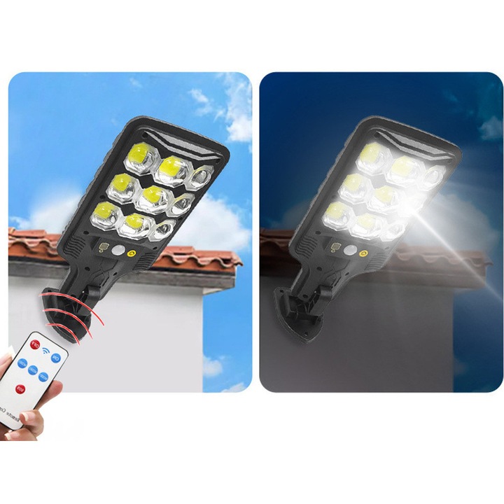 Lampa Stradala Solara LED cu Senzor de Miscare si Amurg, Telecomanda, Iluminat Exterior Curte/Gradina, Rezistenta la Apa