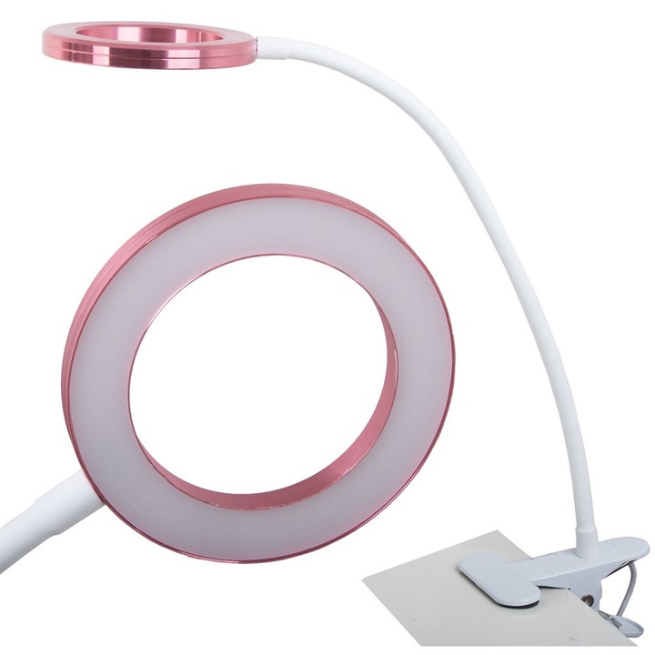 Lampa de birou cu clema, Desk Lamp Publishing, LED 24 unitati, design modern, 55cm, alb-roz