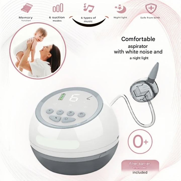 Aspirator nazal electric pentru bebe si copii, MOSMAOO®, 6 Trepte de Absorbtie, 4 Capete, Baterie 2000mAh, Zgomot Redus, Muzica, Lumina de Veghe, Ecran LED, Reincarcabil, Alb/Gri