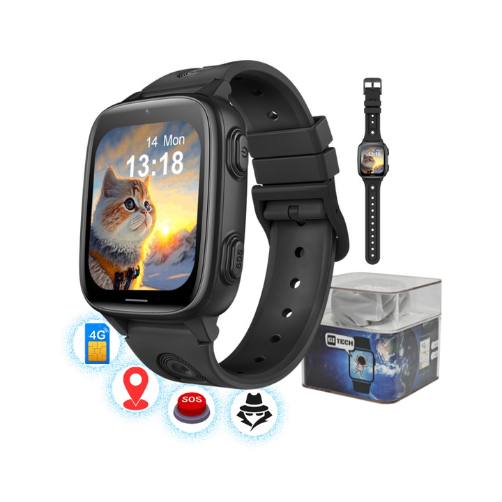 Смарт часовник GITECH G23 за деца, черен, GPS локация, SOS бутон, 1.83 инча екран