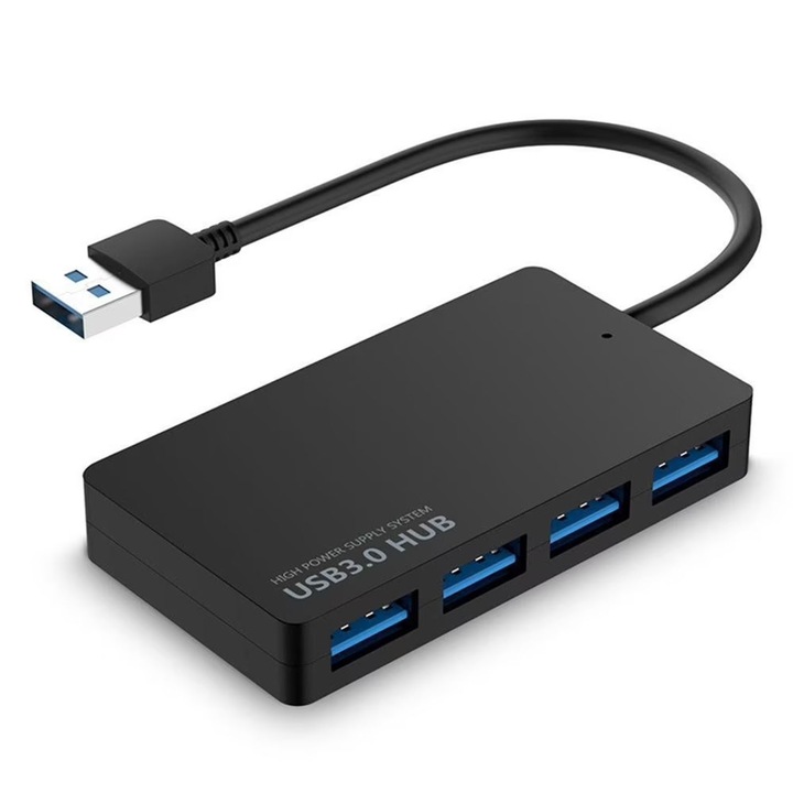 Ултратънък USB 3.0 хъб, ZGGZERG, 4 порта, 5 Gbps, високоскоростен трансфер, компактен и преносим, подходящ за лаптопи и настолни компютри PC/Mac, черен