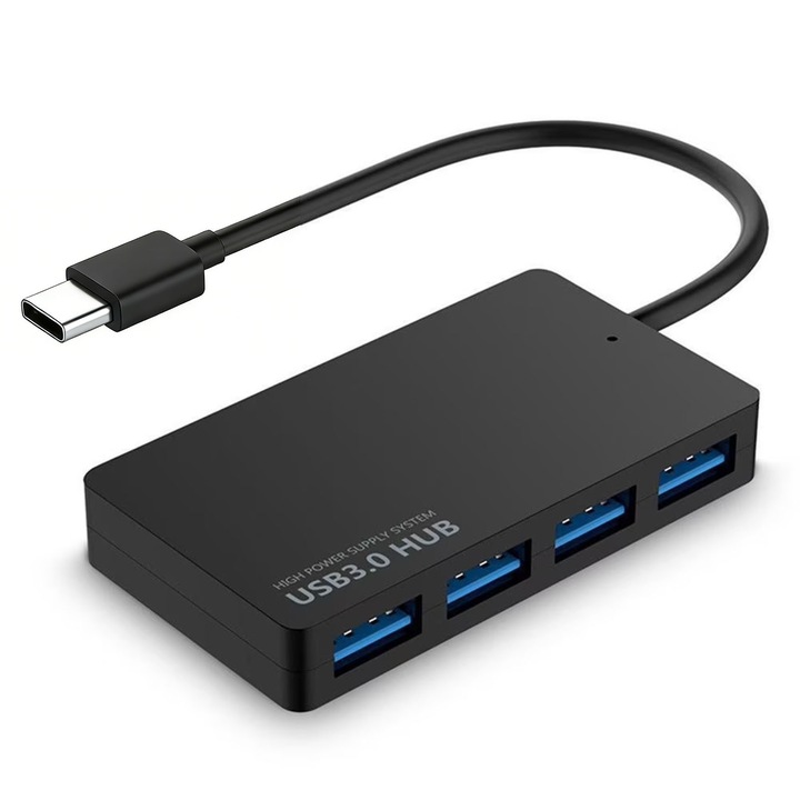 Хъб Type C 3.0 ултратънък, ZGGZERG, 4 порта, 5 Gbps, високоскоростен трансфер, компактен и преносим, подходящ за лаптопи и настолни компютри PC/Mac, черен