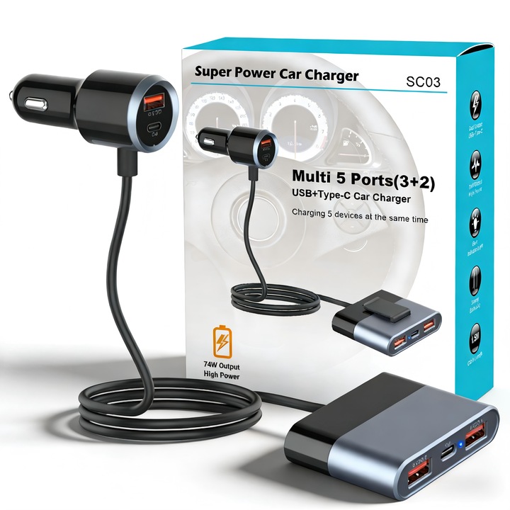 VeniSymlis® Extensie incarcator auto SC03 5-in-1, 2xUSB-C + 3xUSB-A, putere totala 76W, cablu 1.5m, clema bancheta spate, incarcare rapida PD+QC3.0, pentru telefoane, tablete, Switch, 12-24V