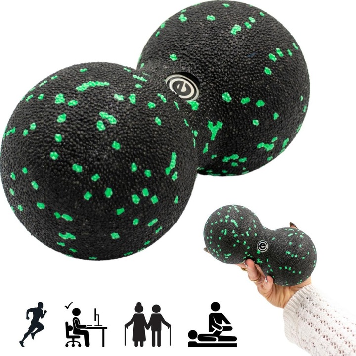 Двойна EPP масажна топка, Enero Fit, 8 см, черно-зелена, 16x8 см
