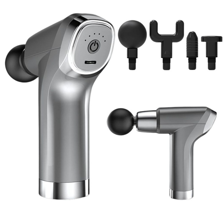 Масажен пистолет, 4 сменяеми глави, сив, 13см x 13,5см