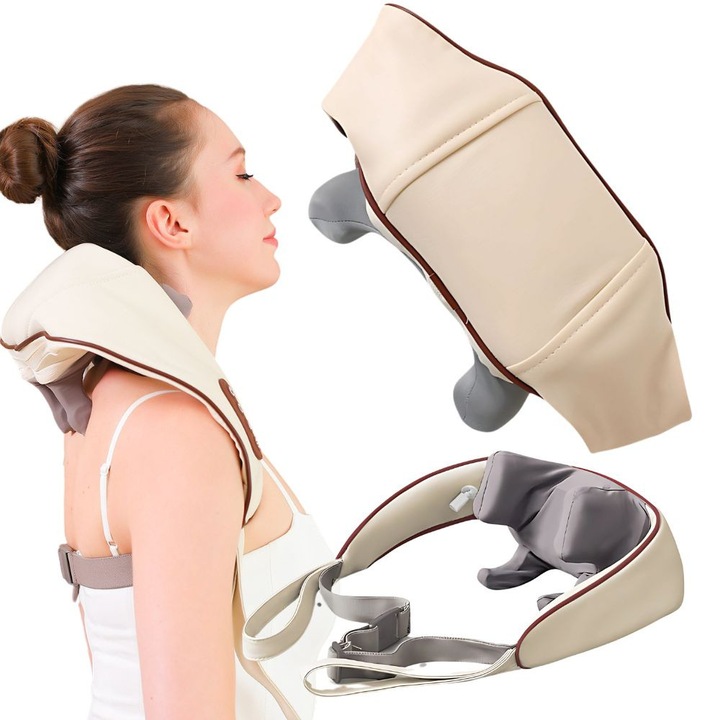Безжичен масажор за врат, бяло-кафяв, 10W, 2000mAh, 13x50x10cm, комплект с USB кабел