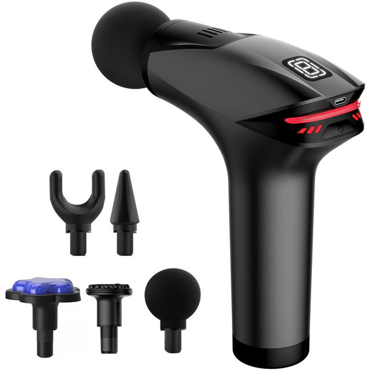 Pistol de masaj profesional, 5 capete interschimbabile, 8 nivele intensitate, negru, 20x16x5cm