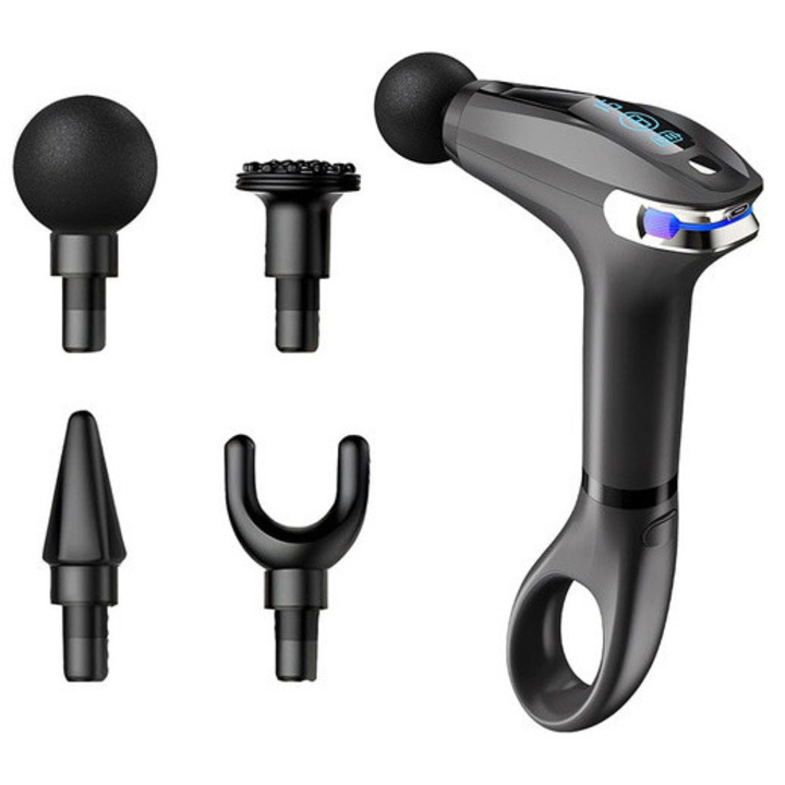 Масажен пистолет, 4 сменяеми глави, черен, 16x15x4см