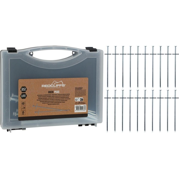 Redcliffs 23 cm-es sátorcövek készlet, 20 darab fémből, ezüst, tokban