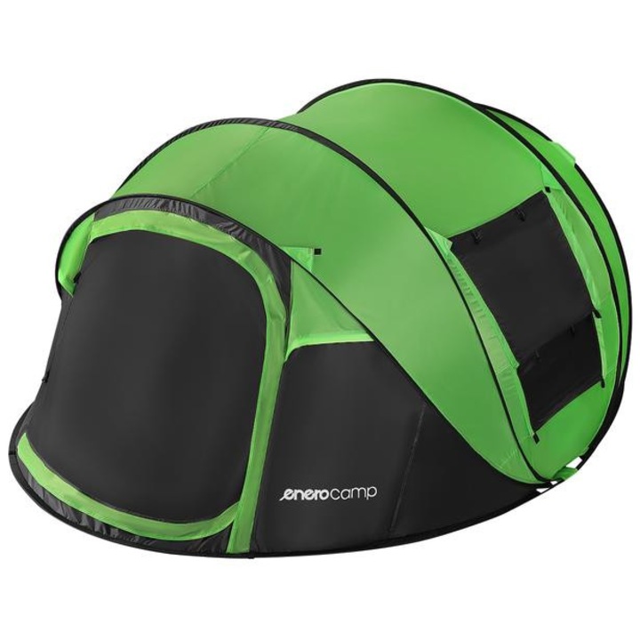 Cort pliabil Enero Camp pentru 4 persoane, verde/negru, 280x210x115cm, 2 uși, 4 ferestre