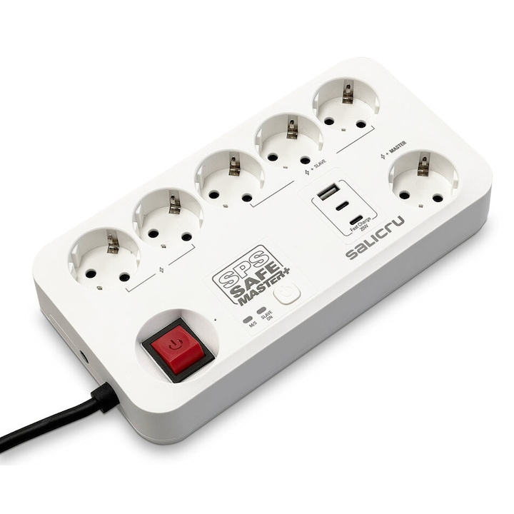Разклонител със защита Salicru SPS SAFE Master+ с 6 контакта, USB и USB-C (макс.20W), с функция Master-Slave, кабел 1.4м