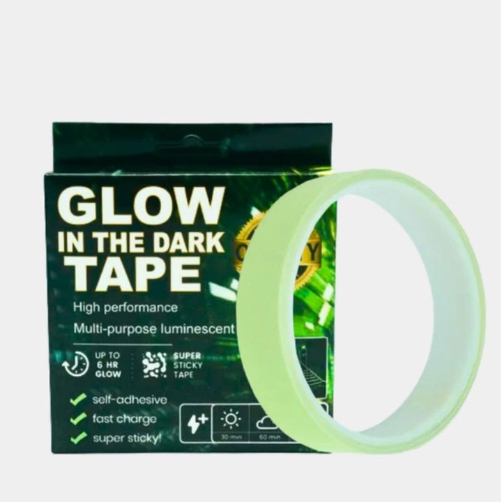 Светеща фотолуминесцентна самозалепваща се лента HOZRO, 2 см x 5 м, с бързо слънчево зареждане за 15 минути, интензивно излъчване на светлина за 6–8 часа в тъмното, фосфорно фолио за безопасност и ориентиране