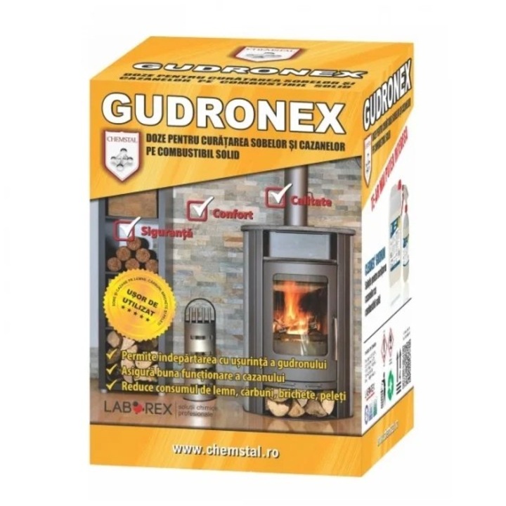 Agent curățare sobe și cazane Gudronex, 4 doze x 250g, pentru mizerie și reziduuri prèsințele sobelor pe lemne