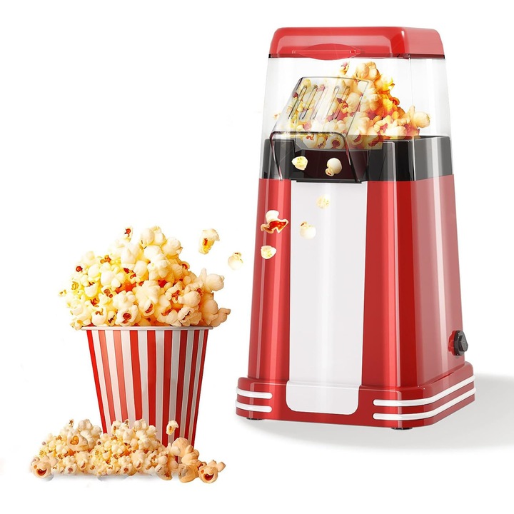 Aparat de popcorn retro, aparat de popcorn cu aer cald de 1200 W cu cana de masurat, o singura atingere, fara ulei, perfect pentru home cinema, seri de film, petreceri