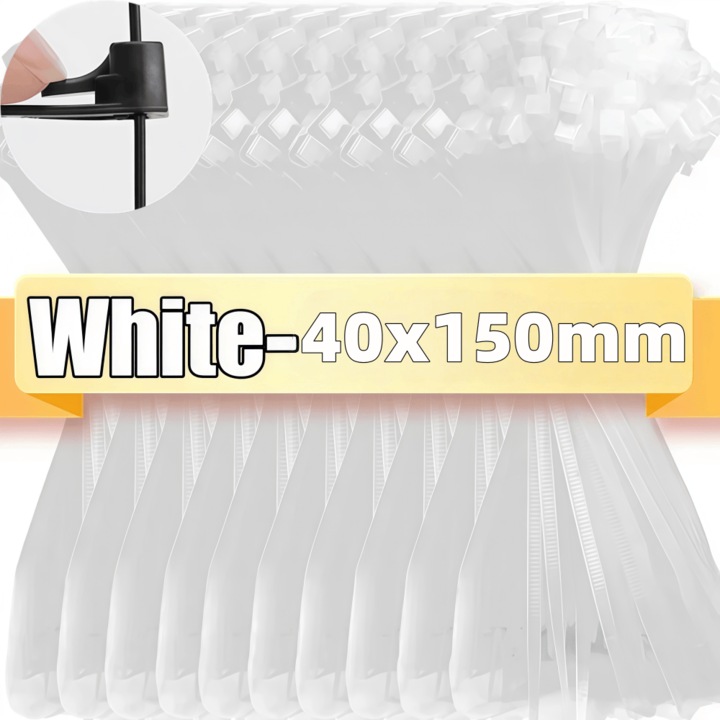 ARRRD® Set de 100 bride din plastic, 40x 150mm, Strapite Reutilizabile pentru Cabluri, pentru fixare si legare, Alb