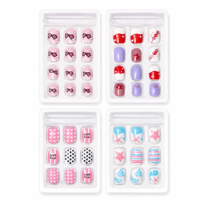 Set Unghii False pentru Copii, 4 Modele Colorate, Aplicare Usoara, 4 seturi, Oranjollie Professional