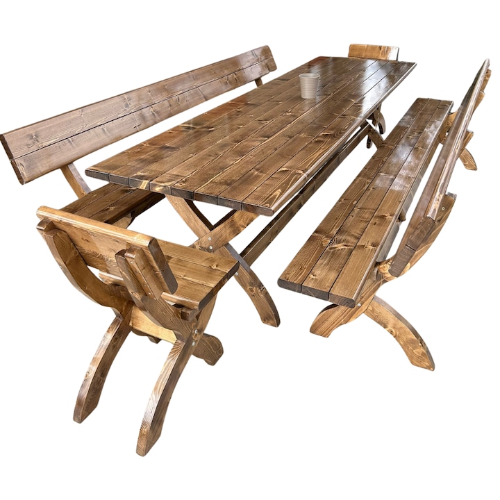 Set terasa 3m, Mogamob, 1 masa, 2 banci, 2 scaune, culoare Nuc, calitate lemn A