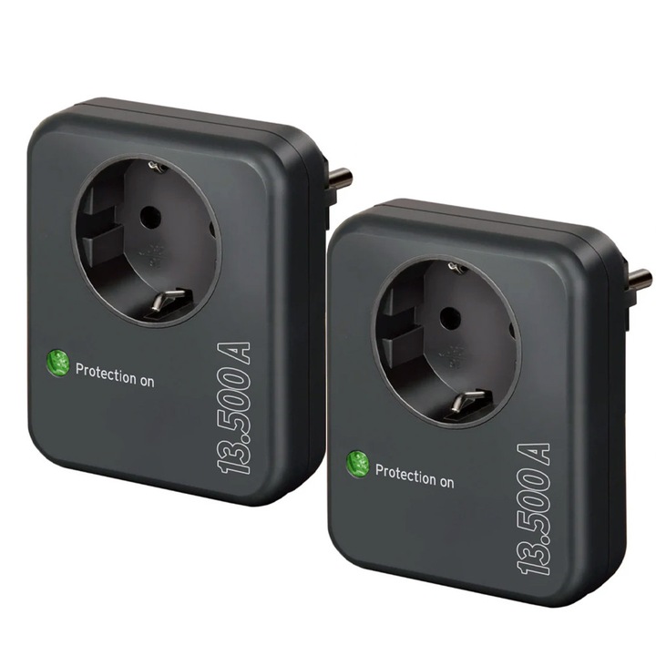 Комплект 2 x Адаптер за контакт DAMUR със защита от токови колебания, LED индикатор, антрацитно сиво, 1 контакт, 230V, 16A