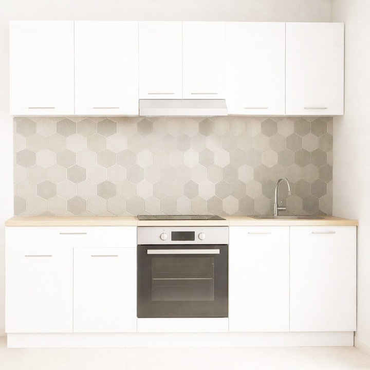 Set mobilier de bucatarie cu soft-close, BadenMob Germania, 220cm, corpuri inalte, blat gros, corp cuptor, Alb