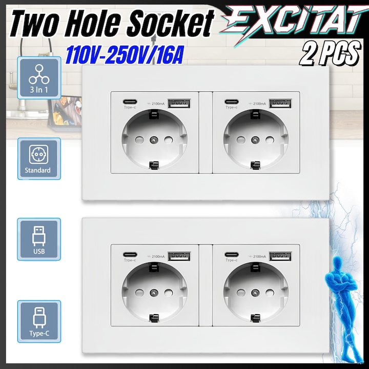 Priza dubla, Excitat®, Set de 2 bucati, Priza splitter cu impamantare, Cu panouri ignifuge, 2 prize, 2 x USB, 2 x Type C, Montaj incastrat, 110V-250V/16A, Potrivit pentru aparate de bucatarie, de casa si de birou, Plastic/Metal, 14.6 x 8.6 x 3.5cm, Alb