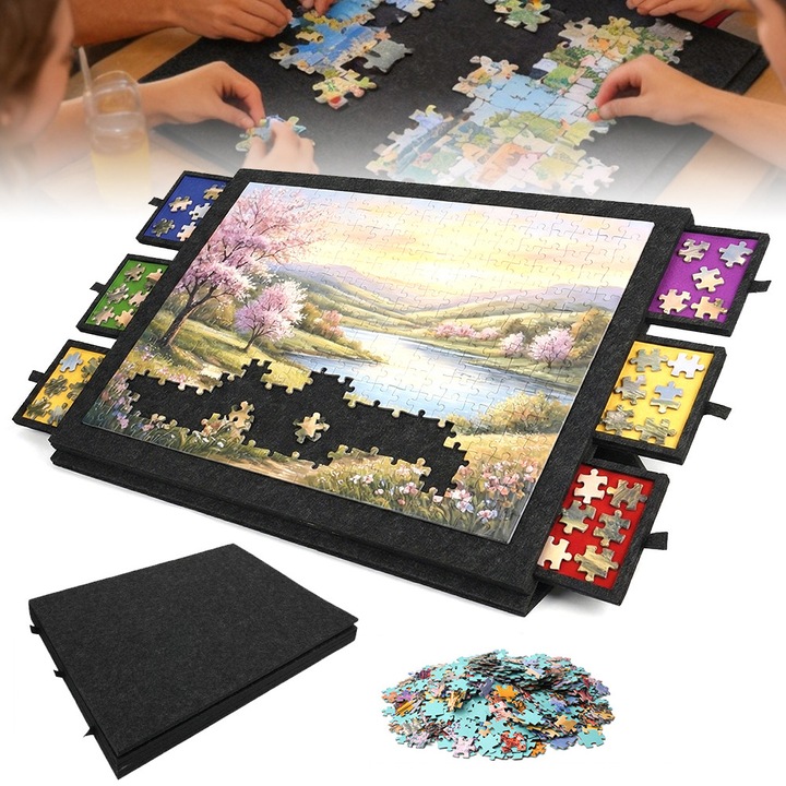 Összecsukható puzzle tartó, Bedee, Puzzle tábla, 6 fiók, 1000 darabos puzzle-höz, filc anyag, Csúszásgátló, 77x53.6x4.2 cm, Szürke