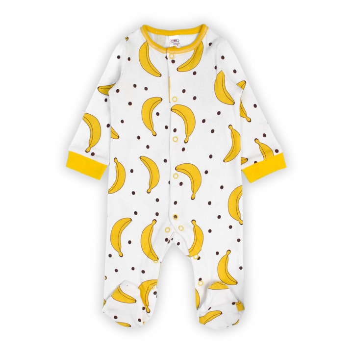 Salopetă copii Bonito, model banane, alb, mărime 74-80 cm, din bumbac moale, cu botoșei