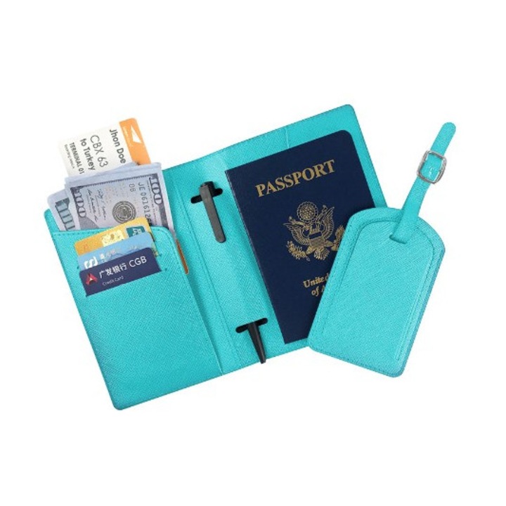 Portofel pentru Pasaport si Carduri, Leski, 23x16 cm, 70g, din Piele PU, Suport Pix, Accesoriu Suport Eticheta, Unisex, Multifunctional, Bleu