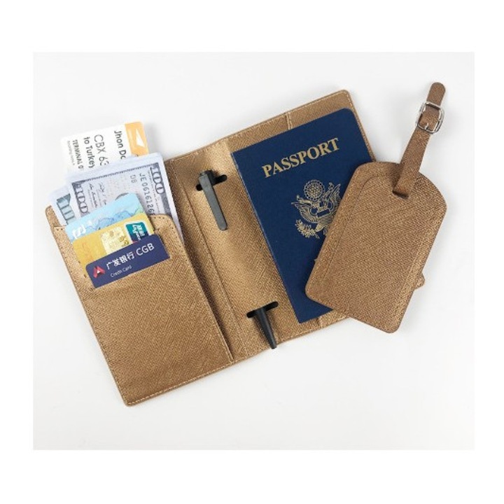 Portofel pentru Pasaport si Carduri, Leski, 23x16 cm, 70g, din Piele PU, Suport Pix, Accesoriu Suport Eticheta, Unisex, Multifunctional, Maro