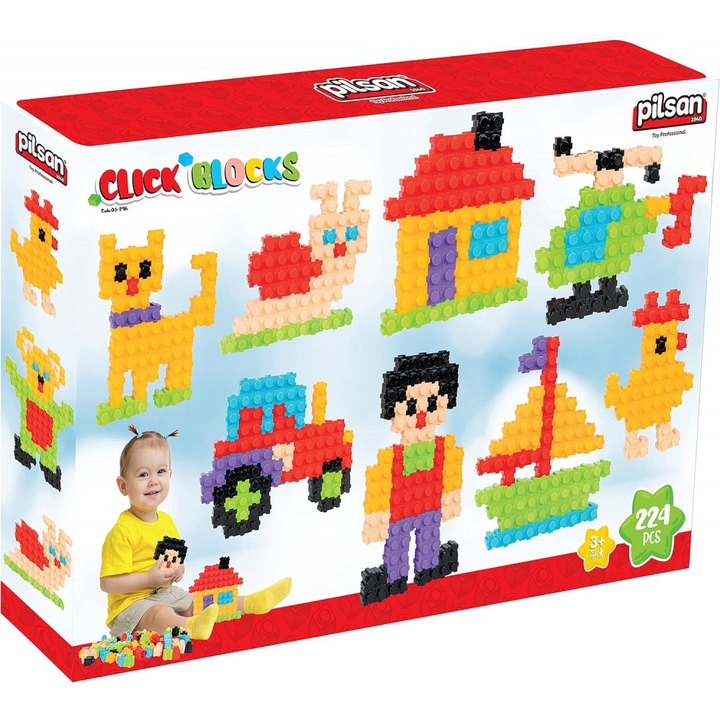 Set de constructie Pilsan Click Blocks cu 224 piese multicolore, plastic rezistent, culori vii, durabilitate ridicata