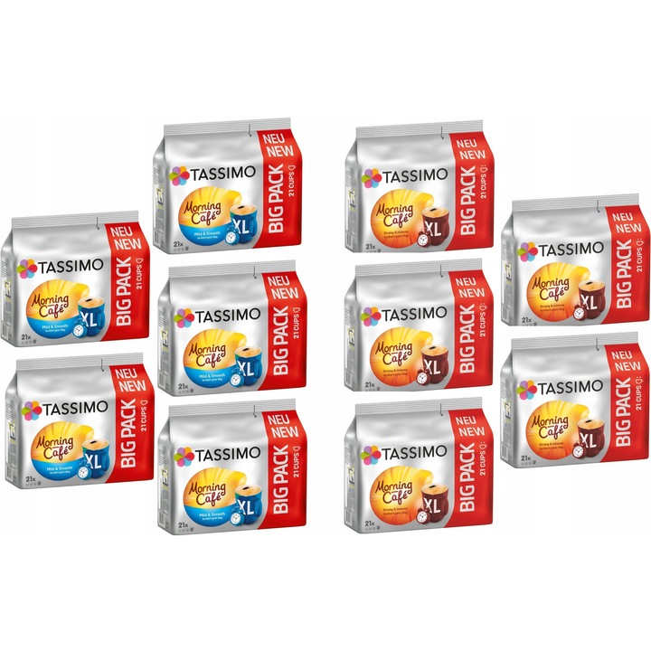 Комплект капсули кафе Jacobs TASSIMO Morning Strong & Mild, 10 капсули, 210 мл, Многоцветен